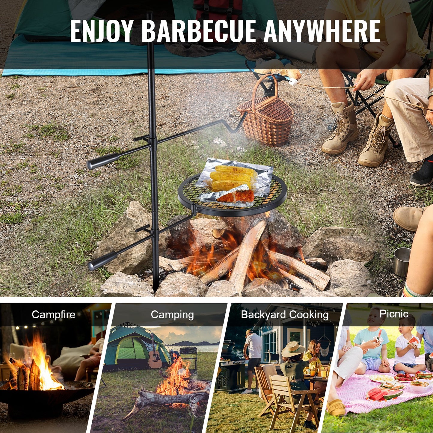 Swivel Campfire Grill Heavy Duty Steel Open Fire Matlagningsgaller Justerbar