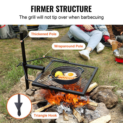 Swivel Campfire Grill, Fire Pit Grill Grate over Fire Pits, Heavy Duty Steel Grill Grates, 360° Adjustable Open Fire Outdoor Cooking Equipment, Portable Camp Fire Racks for Camping Outdoor BBQ