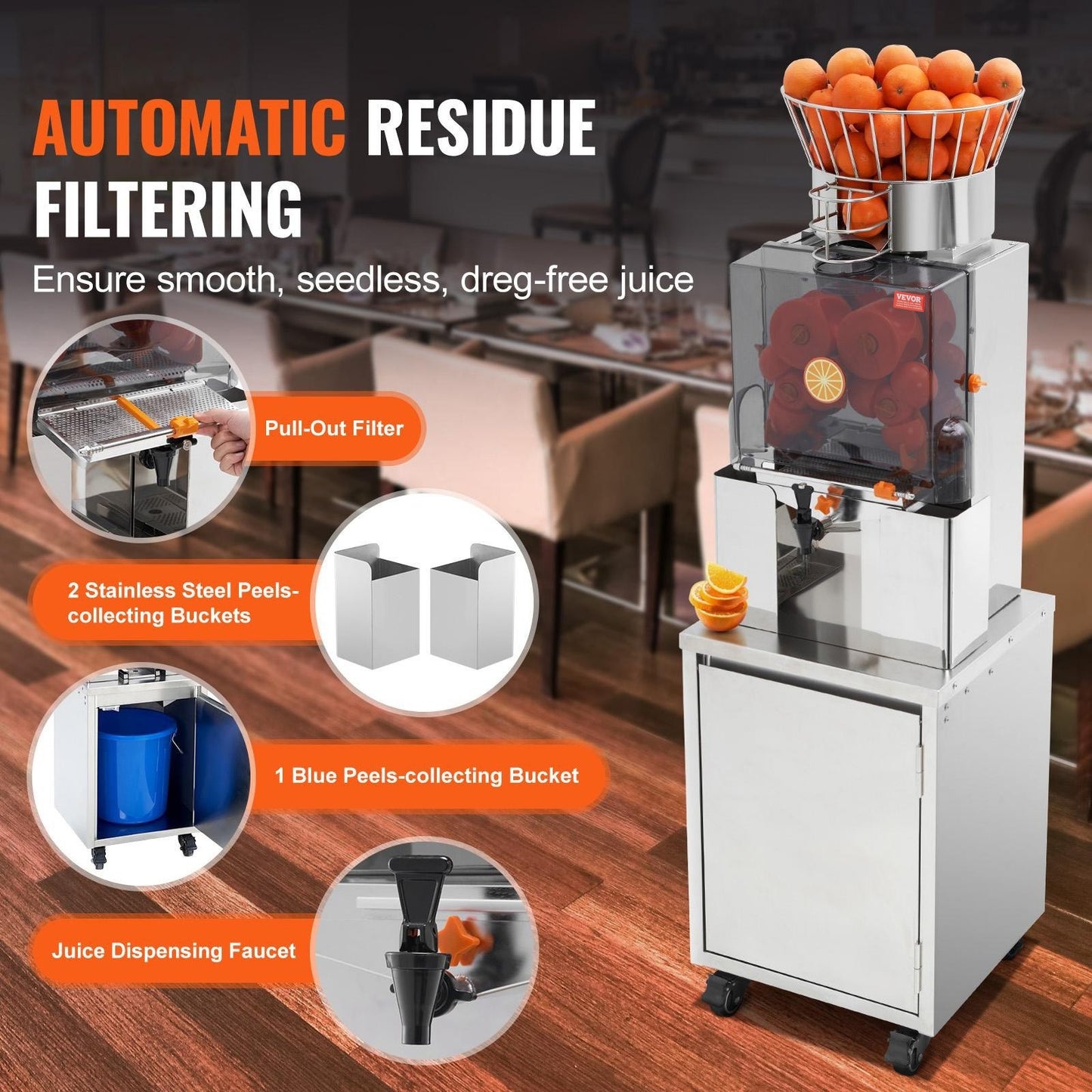 Commercial Orange Juicer, 120W Automatic Feeding Juice Extractor with Water Tap, Stainless Steel Juicer Machine 25 Oranges/Minute, with Pull-Out Filter Box, PC Cover, 3 Peel Collecting Buckets