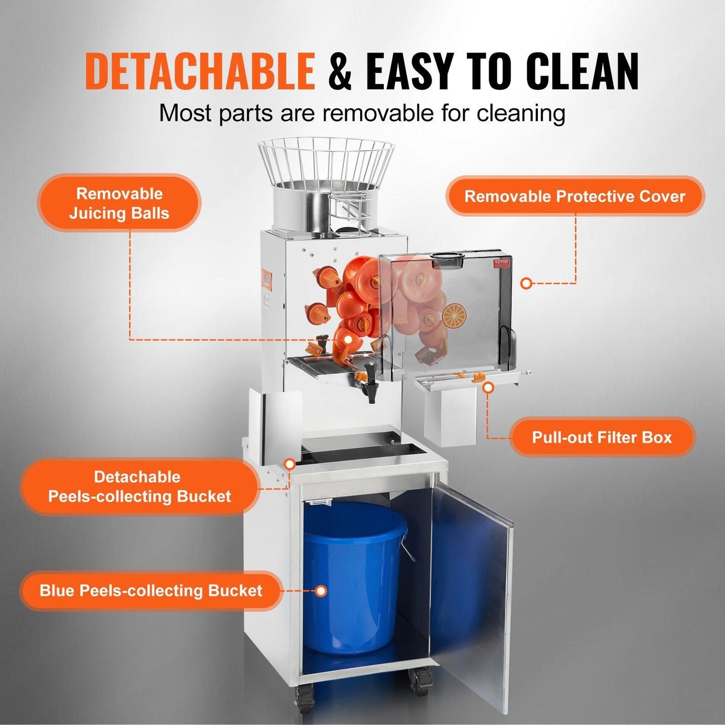 Commercial Orange Juicer, 120W Automatic Feeding Juice Extractor with Water Tap, Stainless Steel Juicer Machine 25 Oranges/Minute, with Pull-Out Filter Box, PC Cover, 3 Peel Collecting Buckets