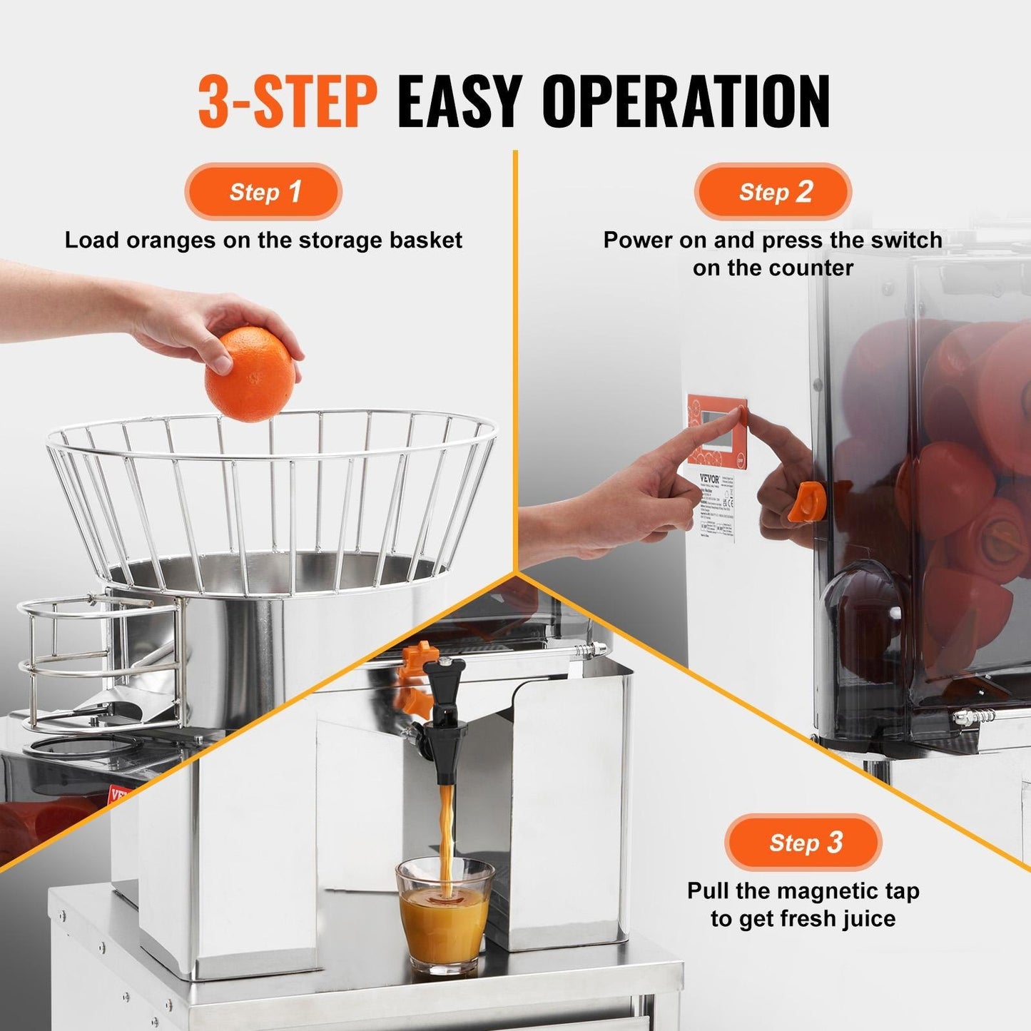 Commercial Orange Juicer, 120W Automatic Feeding Juice Extractor with Water Tap, Stainless Steel Juicer Machine 25 Oranges/Minute, with Pull-Out Filter Box, PC Cover, 3 Peel Collecting Buckets
