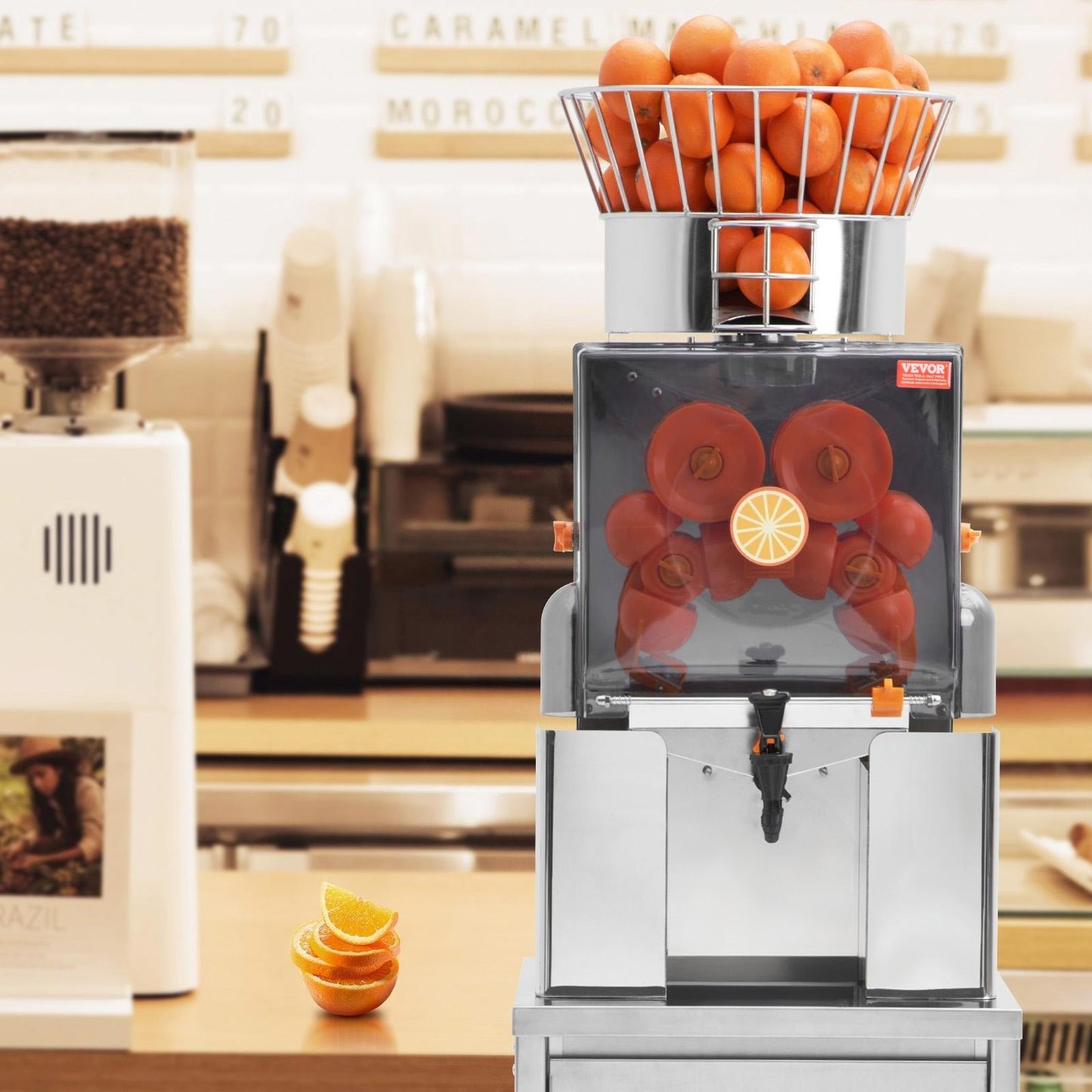 Commercial Orange Juicer, 120W Automatic Feeding Juice Extractor with Water Tap, Stainless Steel Juicer Machine 25 Oranges/Minute, with Pull-Out Filter Box, PC Cover, 3 Peel Collecting Buckets