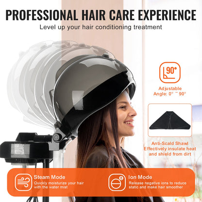 Professional Hair Steamer for Deep Conditioning, 11.81-inch Hooded Ionic Hair Steamer with 2 Modes, Height-Adjustable Standing Hair Steamer with Timer, 5 Wheels (2 Lockable) for Salon Home Spa