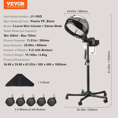 Professional Hair Steamer for Deep Conditioning, 11.81-inch Hooded Ionic Hair Steamer with 2 Modes, Height-Adjustable Standing Hair Steamer with Timer, 5 Wheels (2 Lockable) for Salon Home Spa