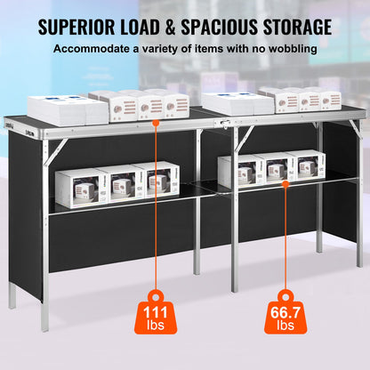 Extra Long Folding Portable Bar Table - Tradeshow Podium Table for Indoor, Outdoor, Party, Picnic, Exhibition, Includes Carrying Case, Storage Shelf and Black Skirt, 77.95" x 15.16" x 34.65"