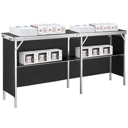 Extra Long Folding Portable Bar Table - Tradeshow Podium Table for Indoor, Outdoor, Party, Picnic, Exhibition, Includes Carrying Case, Storage Shelf and Black Skirt, 77.95" x 15.16" x 34.65"