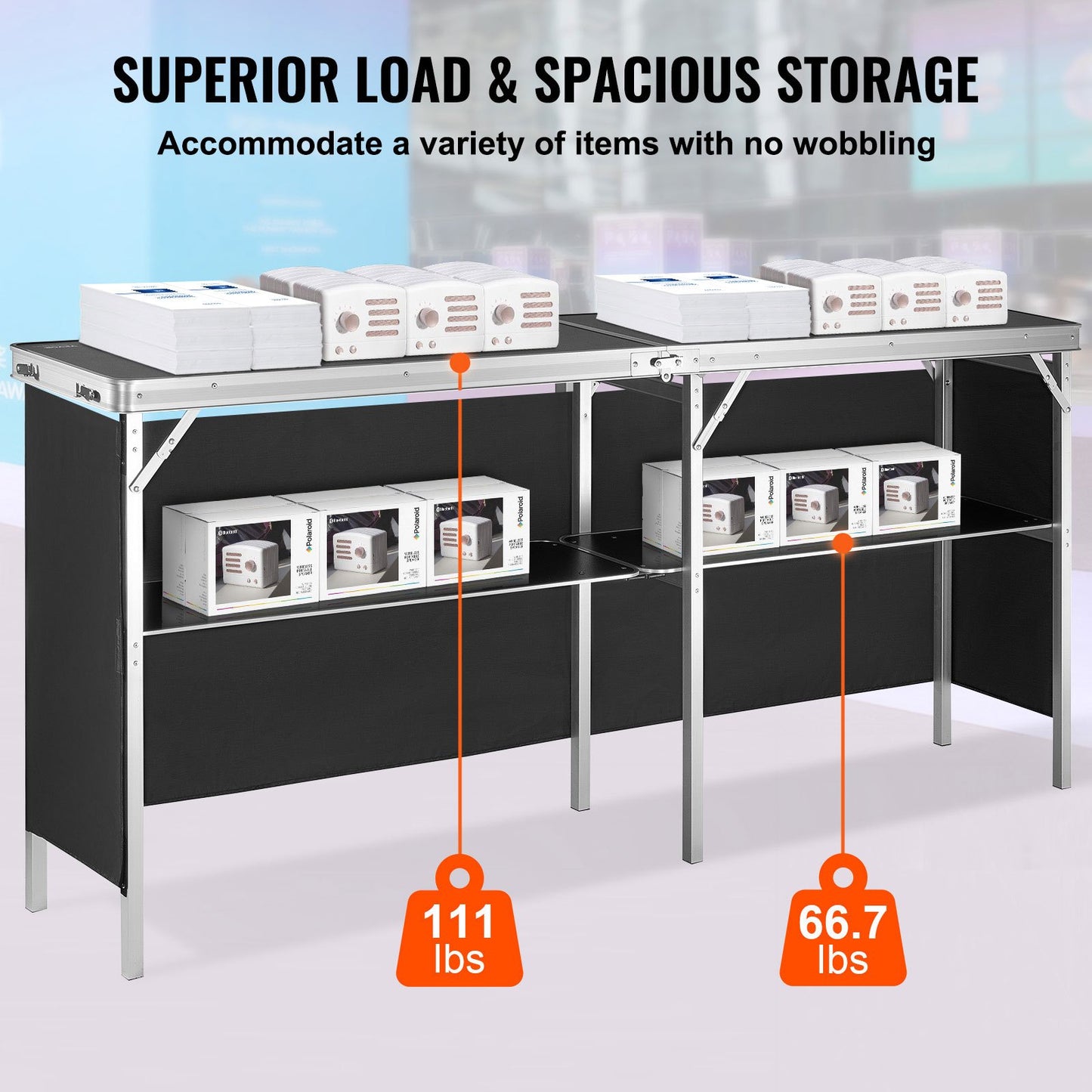 Tragbarer Messe-Podiumtisch, 77,95" x 15,16" x 34,65", Ausstellungstisch, Messestand mit Wand, faltbarer Werbe-Bartisch mit Lagerregal und Tragetasche