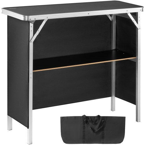Folding Portable Bar Table, Tradeshow Podium Table for Indoor, Outdoor, Party, Picnic, Exhibition, Includes Carrying Case, Storage Shelf and Black Skirt, 38.39" x 15.16" x 34.25"