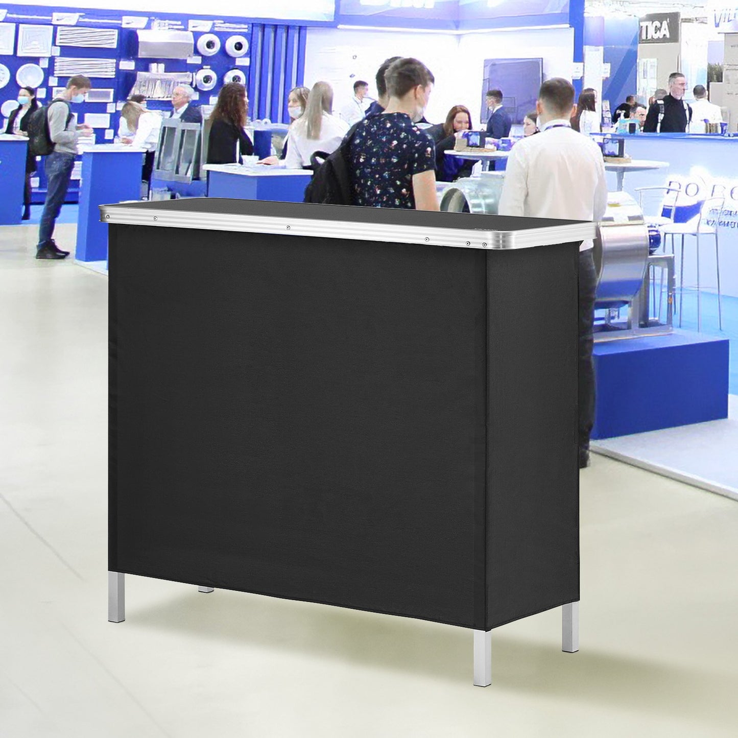 Folding Portable Bar Table, Tradeshow Podium Table for Indoor, Outdoor, Party, Picnic, Exhibition, Includes Carrying Case, Storage Shelf and Black Skirt, 38.39" x 15.16" x 34.25"