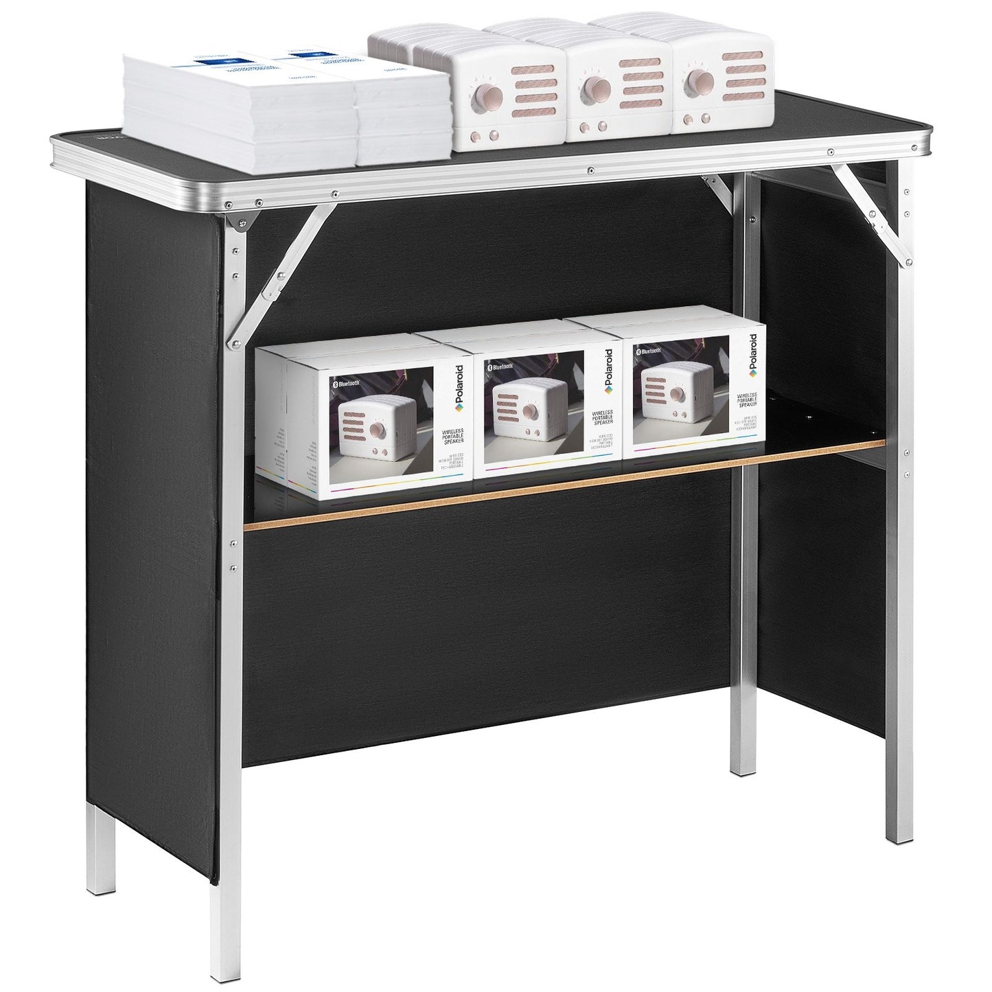 Folding Portable Bar Table, Tradeshow Podium Table for Indoor, Outdoor, Party, Picnic, Exhibition, Includes Carrying Case, Storage Shelf and Black Skirt, 38.39" x 15.16" x 34.25"