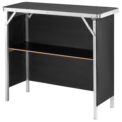 Folding Portable Bar Table, Tradeshow Podium Table for Indoor, Outdoor, Party, Picnic, Exhibition, Includes Carrying Case, Storage Shelf and Black Skirt, 38.39" x 15.16" x 34.25"