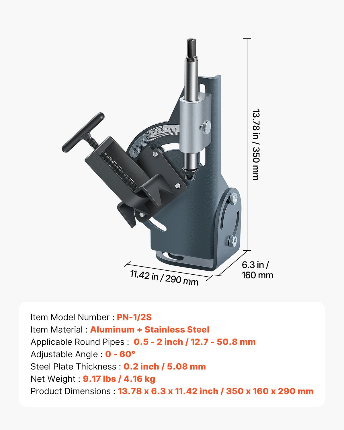 Pipe Notcher, 1/2 to 2-inch Tubing Notcher with 0 to 60° Adjustable Angle, Pipe and Tube Notching Tool for Repair Shops, Home Projects, Metalworking