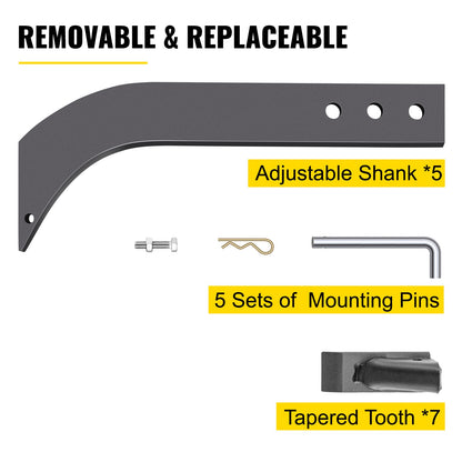 5pcs Box Blade Shank, 16\'\' Scarifier Shank, 3 Holes Box Scraper Shank, Ripper Shank with Removable Tapered Teeth and Pins, Adjustable Shanks Assembly for Replacement, Digging, Plowing
