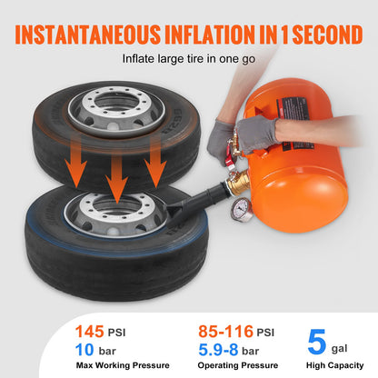 Tire Bead Blaster, 5 Gallon/19L Capacity, Includes Pressure Gauge & Handle, 145 PSI Max Inflation Tank, Operates Between 85-116 PSI for Cars, Trucks, and ATVs