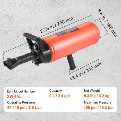 Tire Bead Blaster, 150 PSI, Handheld 2.4 Gal/9 L Air Bead Seater, Portable Inflation Tool, 87-116 PSI for Trucks, ATVs, Cars, and Tractor Tire Repairs