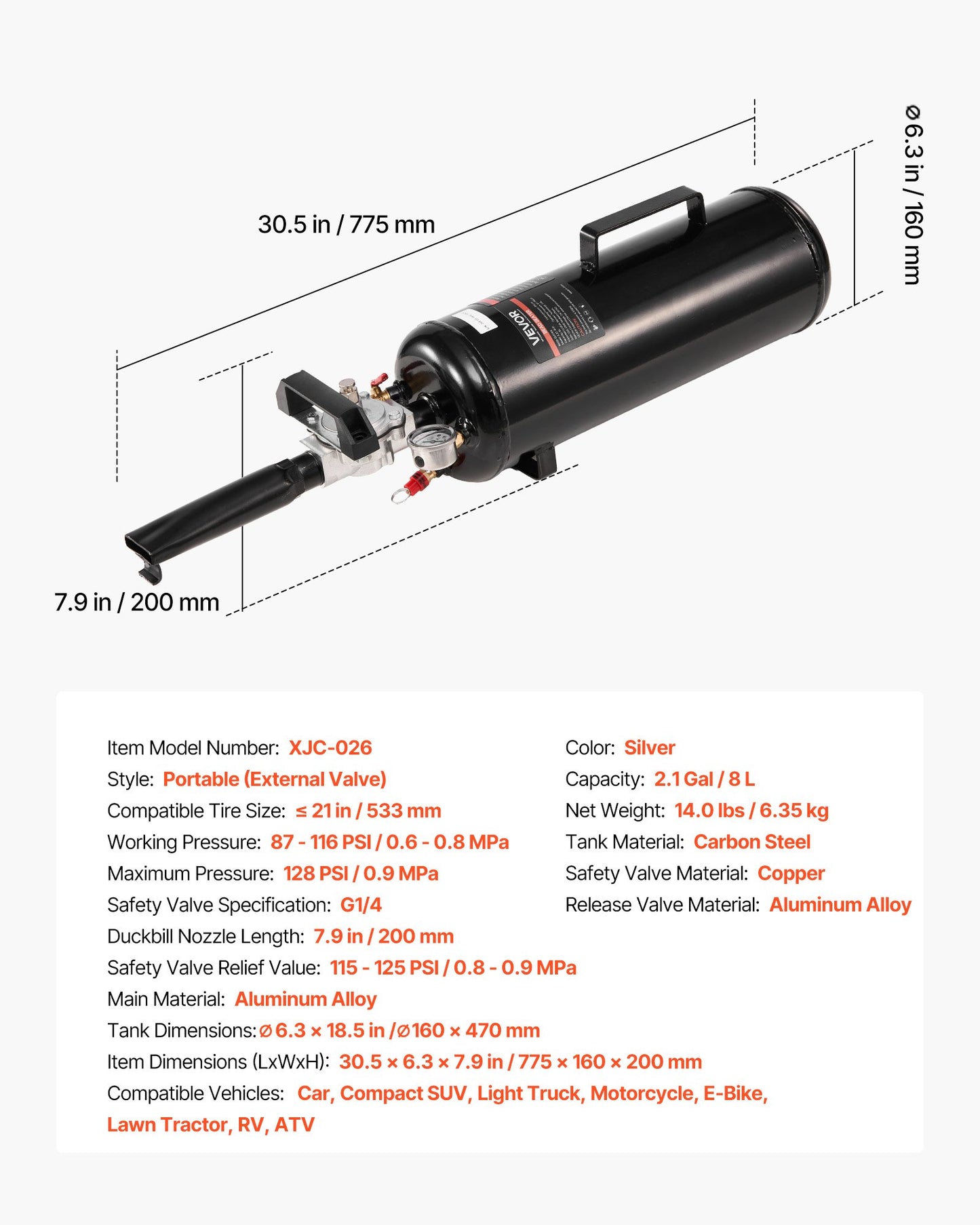 Portable Tire Bead Seater, 2.1 Gal / 8 L Air Bead Blaster, Handheld Tire Inflator Tool, 87-116 PSI Operating Pressure, Trigger Seating Inflator for Car, Compact SUV, Light Truck, E-Bike, RV, ATV
