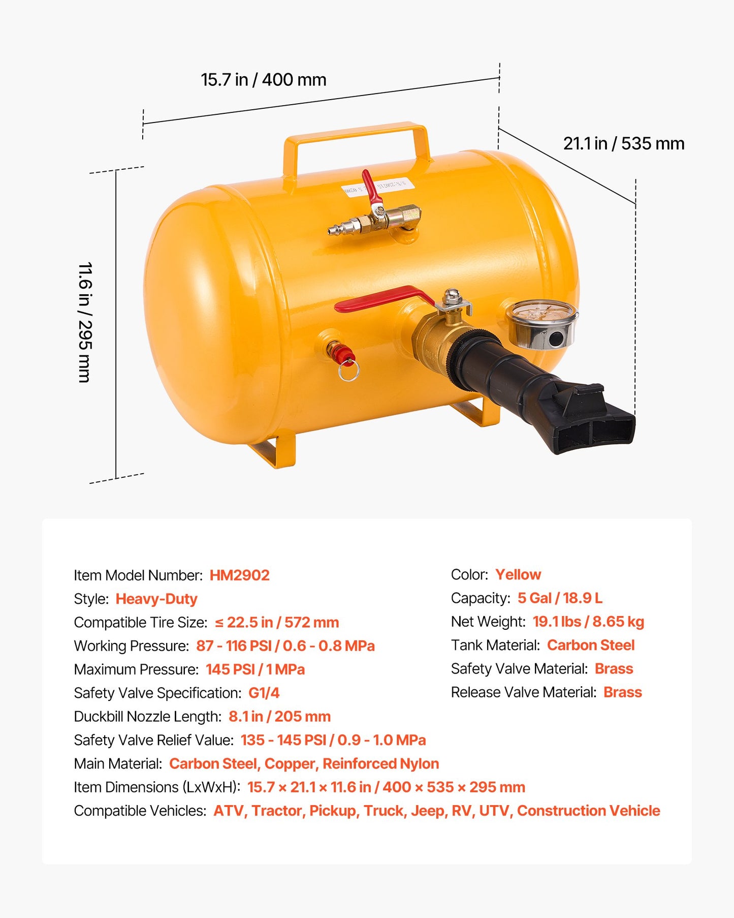 Air Tire Bead Seater, 5 Gal / 18.9 L, Heavy Duty Tire Bead Blaster Tool, 87-116 PSI Operating Pressure, Air Trigger Seating Inflator for Pickup, Truck, ATV, Jeep, Van, Lawn Tractor, RV, Yellow