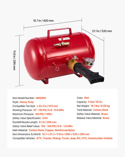 Air Tire Bead Seater, 5 Gal / 18.9 L, Heavy Duty Tire Bead Blaster Tool, 87-116 PSI Operating Pressure, Air Trigger Seating Inflator for Pickup, Truck, ATV, Jeep, Van, Lawn Tractor, RV, Red