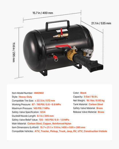 Air Tire Bead Seater, 5 Gal / 18.9 L, Heavy Duty Tire Bead Blaster Tool, 87-116 PSI Operating Pressure, Air Trigger Seating Inflator for Pickup, Truck, ATV, Jeep, Van, Lawn Tractor, RV, Black