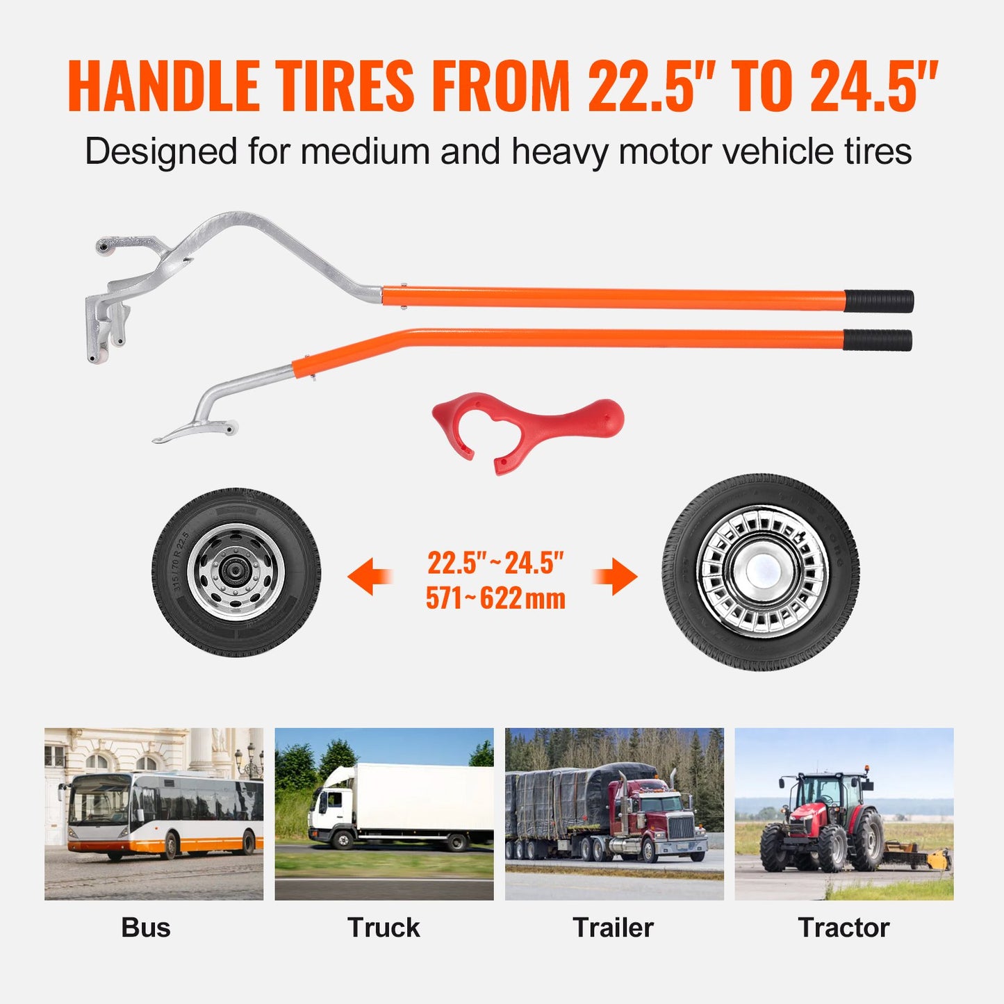 Tire Mount Demount Tool, 22.5"-24.5" Manual Steel Tire Changer Mount Demount Removal Tool, with Extra Bead Holder, Tubeless Truck Bead Breaker, 3 PCS Tire Changing Tools, Orange