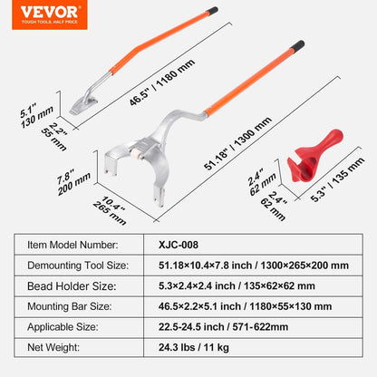 Tire Mount Demount Tool, 22.5"-24.5" Manual Steel Tire Changer Mount Demount Removal Tool, with Extra Bead Holder, Tubeless Truck Bead Breaker, 3 PCS Tire Changing Tools, Orange