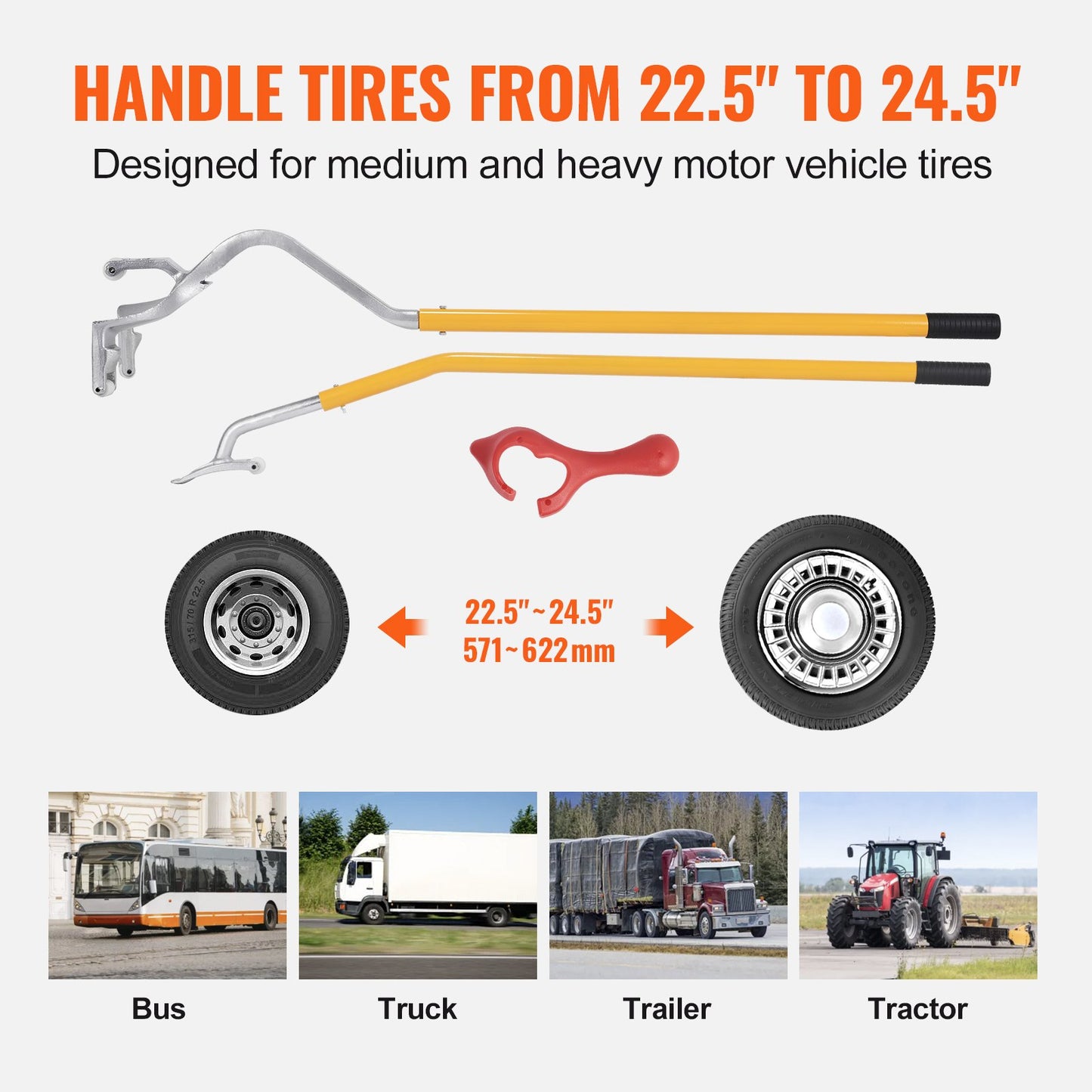 Tire Mount Demount Tool, 22.5-24.5 inch Manual Steel Tire Changer Mount Demount Removal Tool, with Extra bead holder, Tubeless Truck Bead Breaker, 3 PCS Tire Changing Tools, Orange
