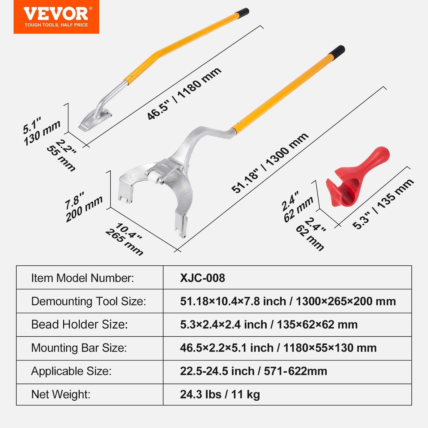 Tire Mount Demount Tool, 22.5-24.5 inch Manual Steel Tire Changer Mount Demount Removal Tool, with Extra bead holder, Tubeless Truck Bead Breaker, 3 PCS Tire Changing Tools, Orange
