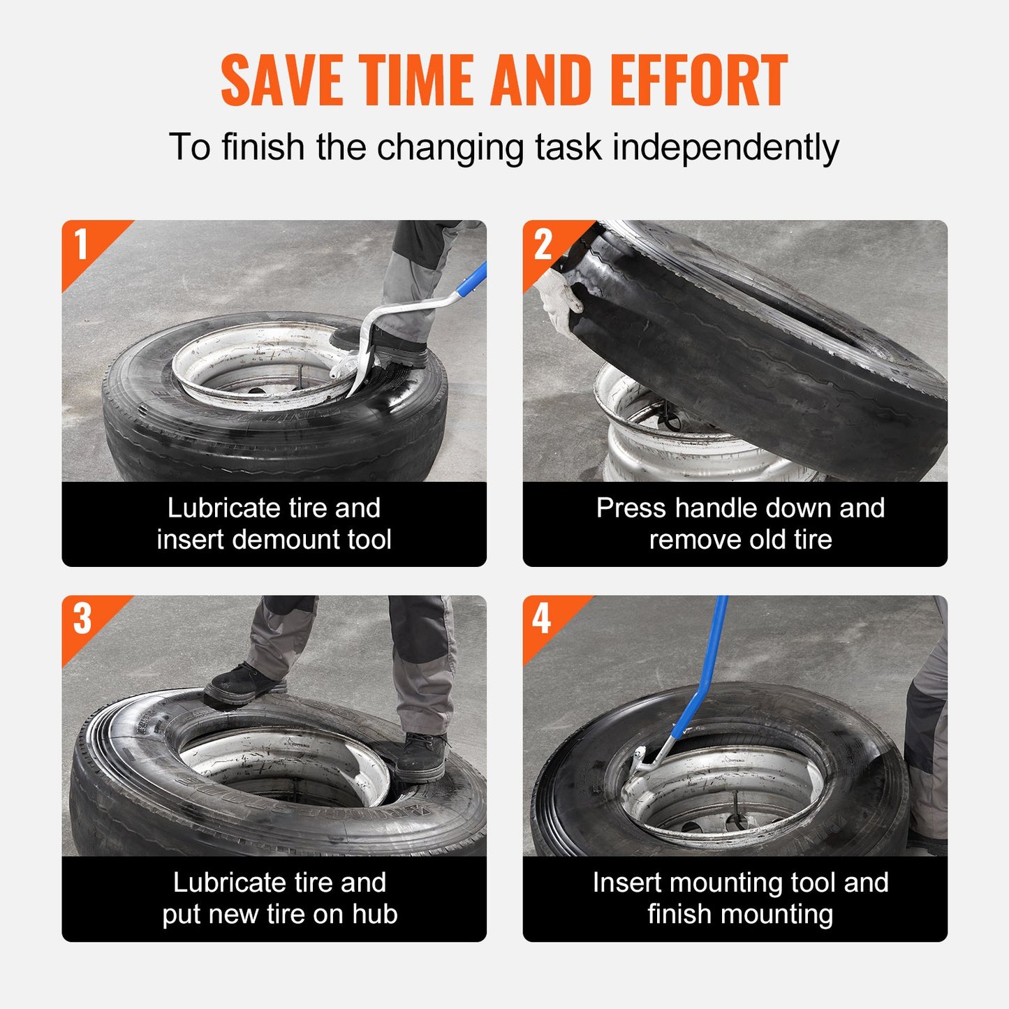 Demonteringsverktyg för däckmontering, 571-622 mm manuellt demonteringsverktyg för montering av ståldäcksbytarmontering, med extra pärlhållare, slanglös pärlbrytare för lastbil, 3 st Däckbytesverktyg, orange