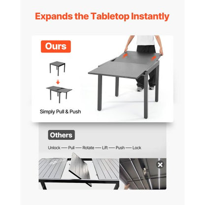 Utbyggbart matbord för utomhusbruk, 80-160 cm rektangulära bistrobord för 4-6 personer, aluminiumram, metallstål, stora vädertåliga möbler för gräsmatta, veranda, mörkgrå |  EU