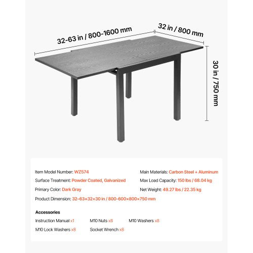 Utbyggbart matbord för utomhusbruk, 80-160 cm rektangulära bistrobord för 4-6 personer, aluminiumram, metallstål, stora vädertåliga möbler för gräsmatta, veranda, mörkgrå |  EU