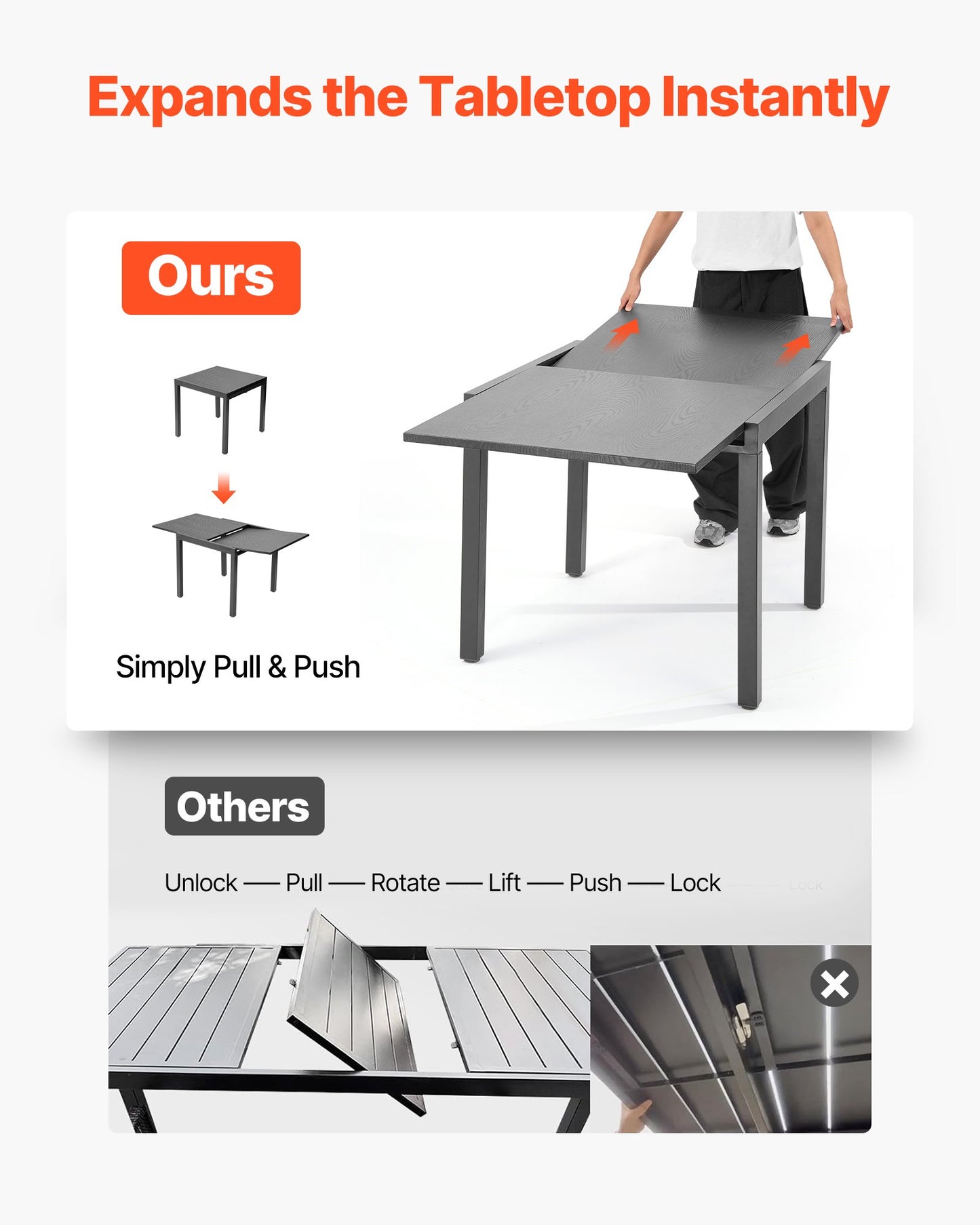 Expandable Outdoor Patio Dining Table, 32–63 inch Rectangular Backyard Bistro Tables for 4-6, Aluminum Frame Metal Steel Slat , All-Weather Large Furniture for Lawn Garden Porch, Dark Gray