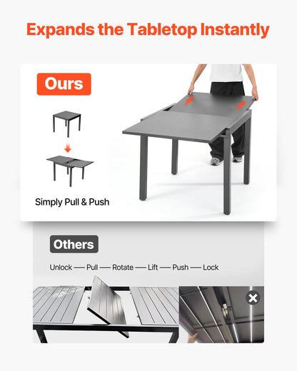 Expandable Outdoor Patio Dining Table, 32–63 inch Rectangular Backyard Bistro Tables for 4-6, Aluminum Frame Metal Steel Slat , All-Weather Large Furniture for Lawn Garden Porch, Dark Gray