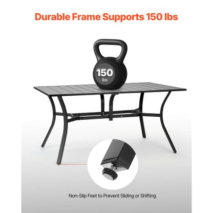 Matbord för utomhusbruk, 150 cm långt rektangulärt bistrobord i metall och stål för 4-6 personer, med 38 mm paraplyhål, vädertåliga stora möbler för gräsmatta, veranda, svart |  EU