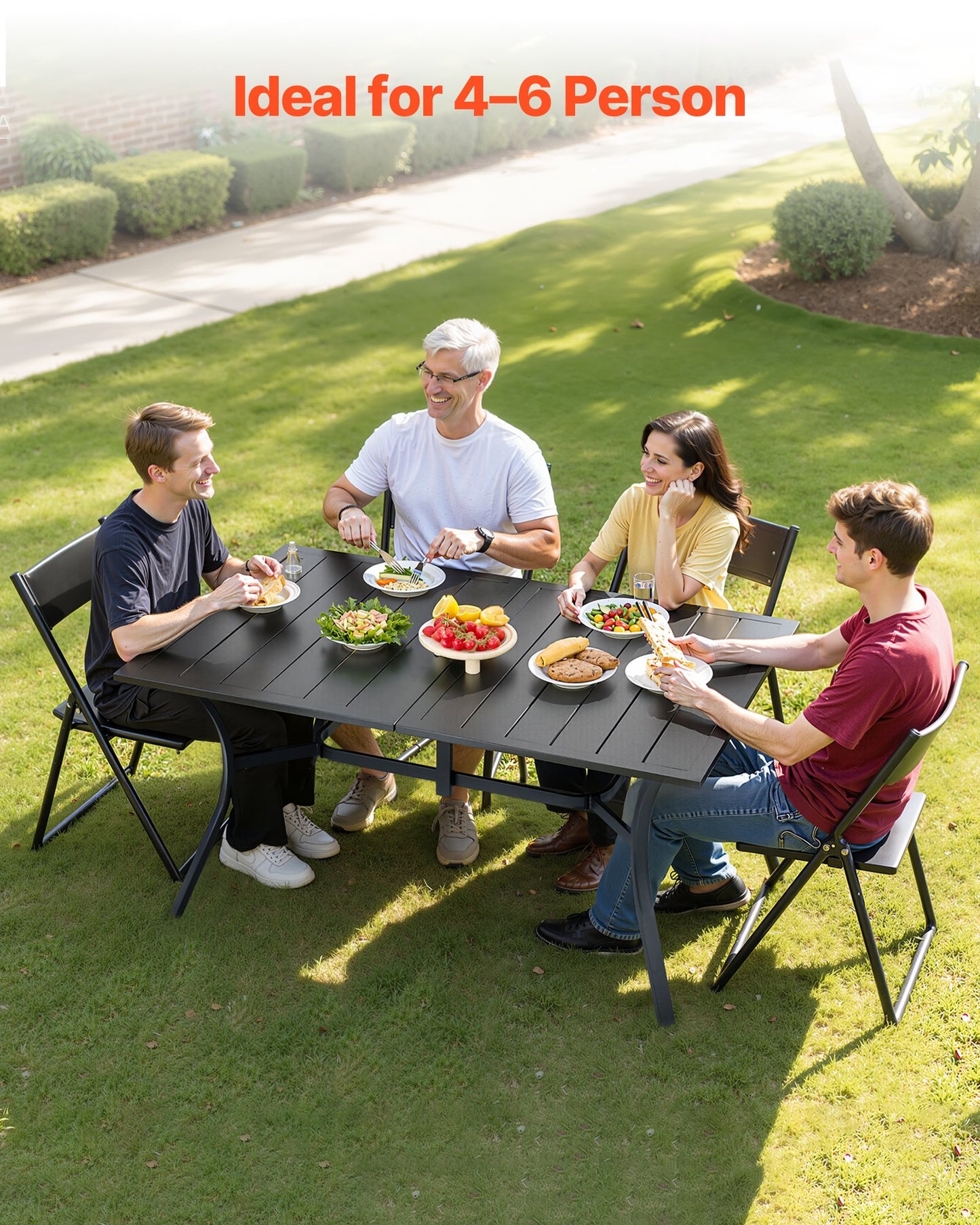 Outdoor Patio Dining Table, 59 inch Long Rectangular Metal Steel Slat Backyard Bistro Tables for 4-6, with 1.5 in Umbrella Hole, All-Weather Large Furniture for Lawn Garden Porch, Black