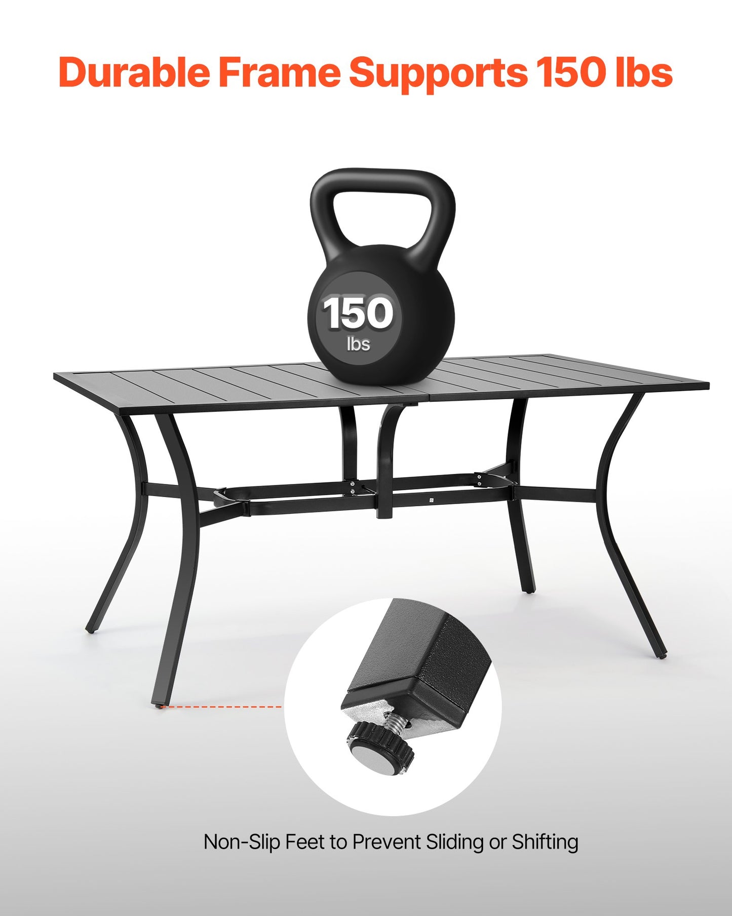 Outdoor Patio Dining Table, 59 inch Long Rectangular Metal Steel Slat Backyard Bistro Tables for 4-6, with 1.5 in Umbrella Hole, All-Weather Large Furniture for Lawn Garden Porch, Black