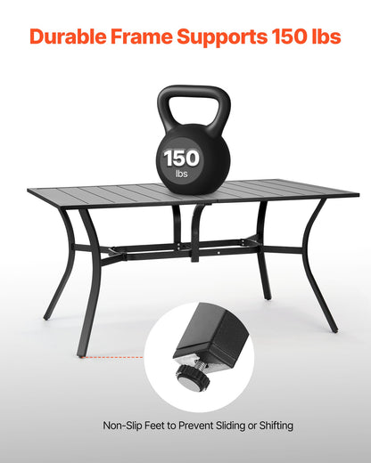 Outdoor Patio Dining Table, 59 inch Long Rectangular Metal Steel Slat Backyard Bistro Tables for 4-6, with 1.5 in Umbrella Hole, All-Weather Large Furniture for Lawn Garden Porch, Black