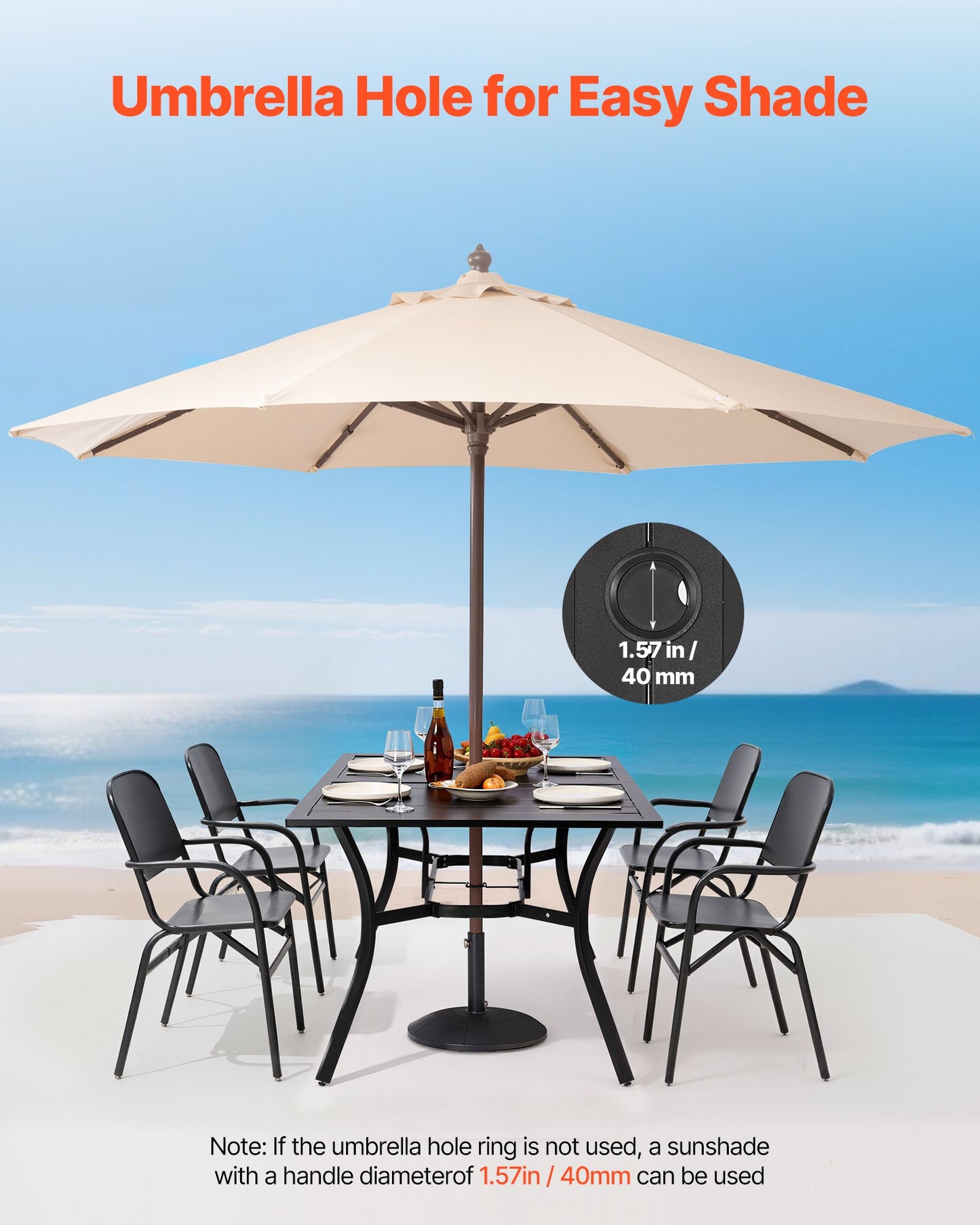 Outdoor Patio Dining Table, 59 inch Long Rectangular Metal Steel Slat Backyard Bistro Tables for 4-6, with 1.5 in Umbrella Hole, All-Weather Large Furniture for Lawn Garden Porch, Black