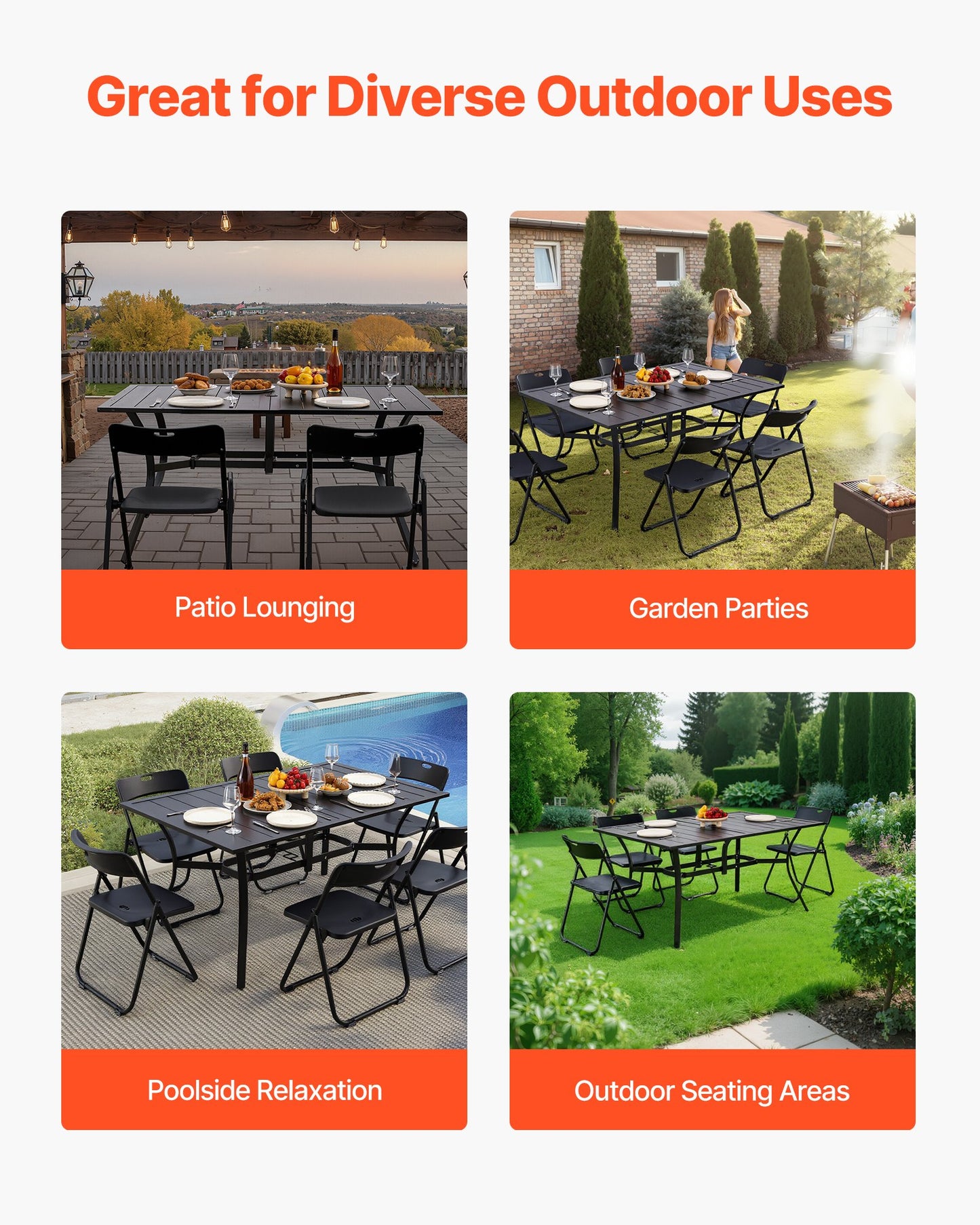 Outdoor Patio Dining Table, 59 inch Long Rectangular Metal Steel Slat Backyard Bistro Tables for 4-6, with 1.5 in Umbrella Hole, All-Weather Large Furniture for Lawn Garden Porch, Black