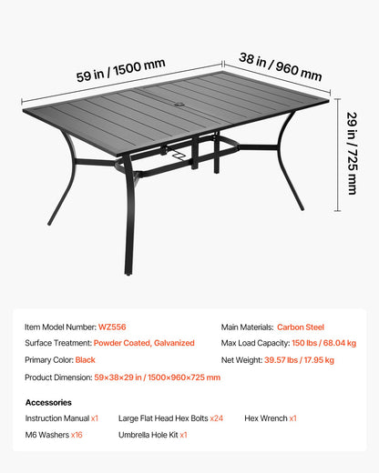 Outdoor Patio Dining Table, 59 inch Long Rectangular Metal Steel Slat Backyard Bistro Tables for 4-6, with 1.5 in Umbrella Hole, All-Weather Large Furniture for Lawn Garden Porch, Black