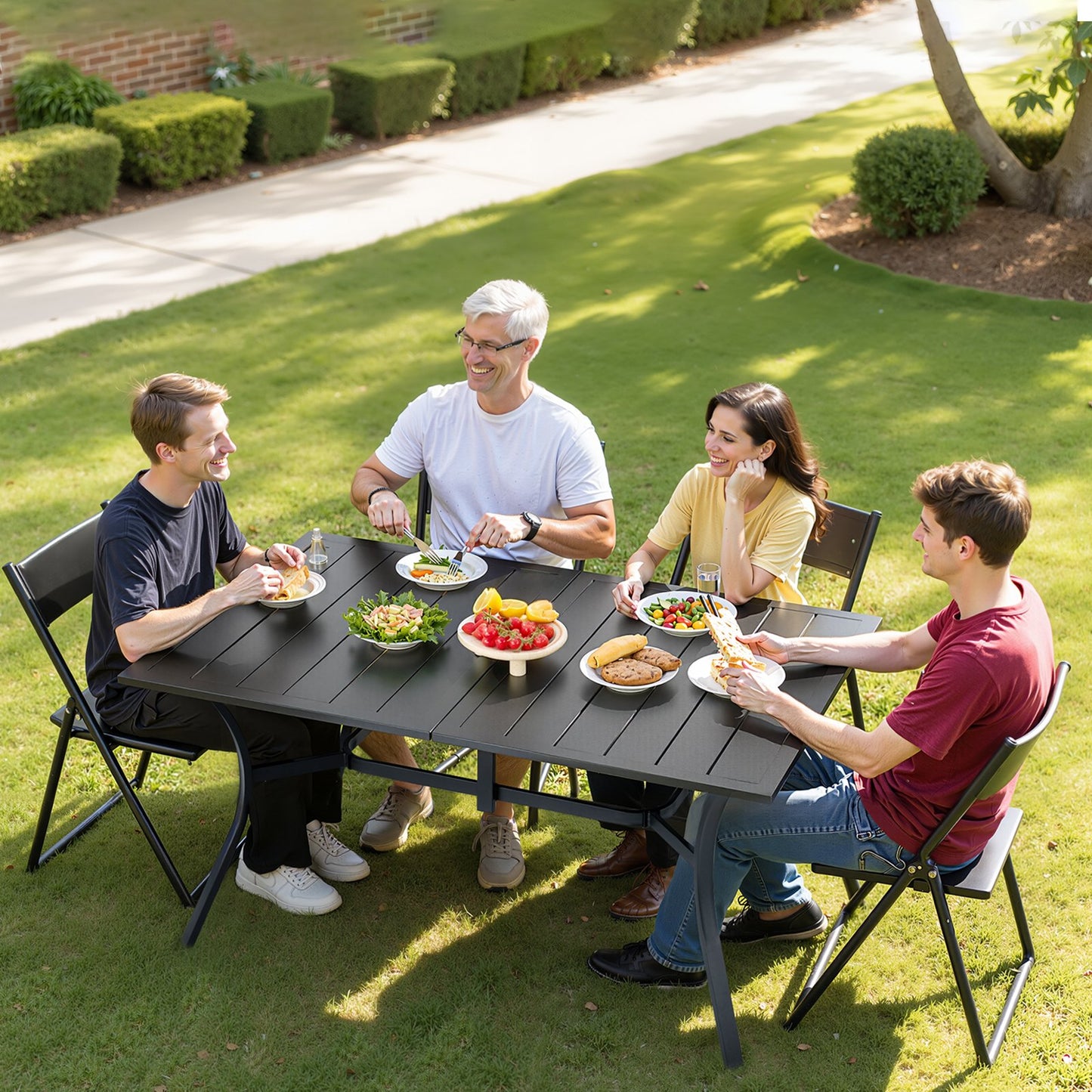 Outdoor Patio Dining Table, 59 inch Long Rectangular Metal Steel Slat Backyard Bistro Tables for 4-6, with 1.5 in Umbrella Hole, All-Weather Large Furniture for Lawn Garden Porch, Black