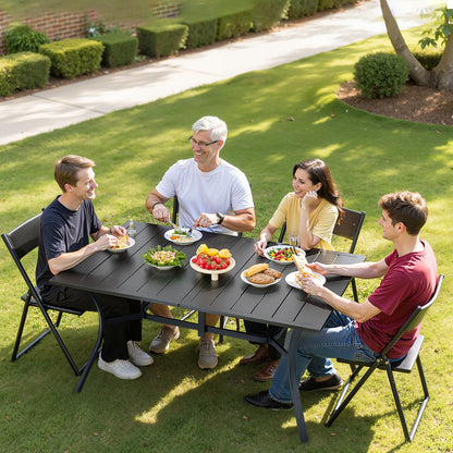 Outdoor Patio Dining Table, 59 inch Long Rectangular Metal Steel Slat Backyard Bistro Tables for 4-6, with 1.5 in Umbrella Hole, All-Weather Large Furniture for Lawn Garden Porch, Black