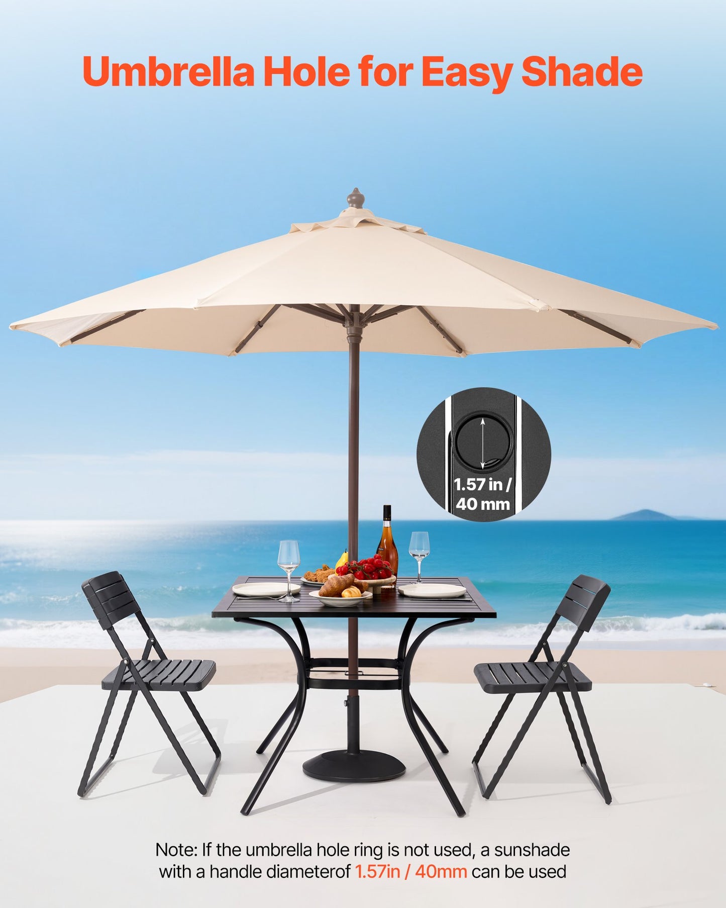 Outdoor Patio Dining Table, 37 inch Square Metal Steel Slat Backyard Bistro Tables, with 1.5 in Umbrella Hole, Outside All-Weather Large Furniture for Lawn Garden Porch, Black