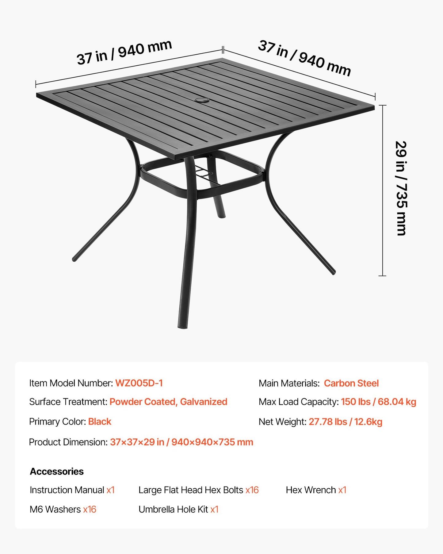 Outdoor Patio Dining Table, 37 inch Square Metal Steel Slat Backyard Bistro Tables, with 1.5 in Umbrella Hole, Outside All-Weather Large Furniture for Lawn Garden Porch, Black
