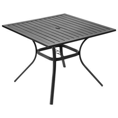 Outdoor Patio Dining Table, 37 inch Square Metal Steel Slat Backyard Bistro Tables, with 1.5 in Umbrella Hole, Outside All-Weather Large Furniture for Lawn Garden Porch, Black