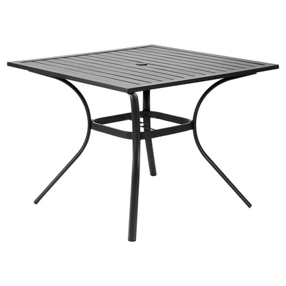 Outdoor Patio Dining Table, 37 inch Square Metal Steel Slat Backyard Bistro Tables, with 1.5 in Umbrella Hole, Outside All-Weather Large Furniture for Lawn Garden Porch, Black
