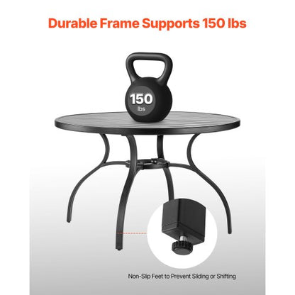 Matbord för utomhusbruk, 120 cm runt bistrobord i metall och stål, med 38 mm paraplyhål, stora utomhusmöbler i alla väder för gräsmatta, veranda, svart |  EU