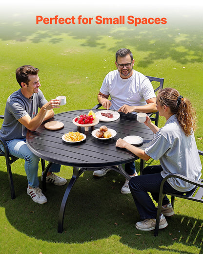 Outdoor Patio Dining Table, 47 inch Round Metal Steel Slat Backyard Bistro Tables, with 1.5 in Umbrella Hole, Outside All-Weather Large Furniture for Lawn Garden Porch, Black