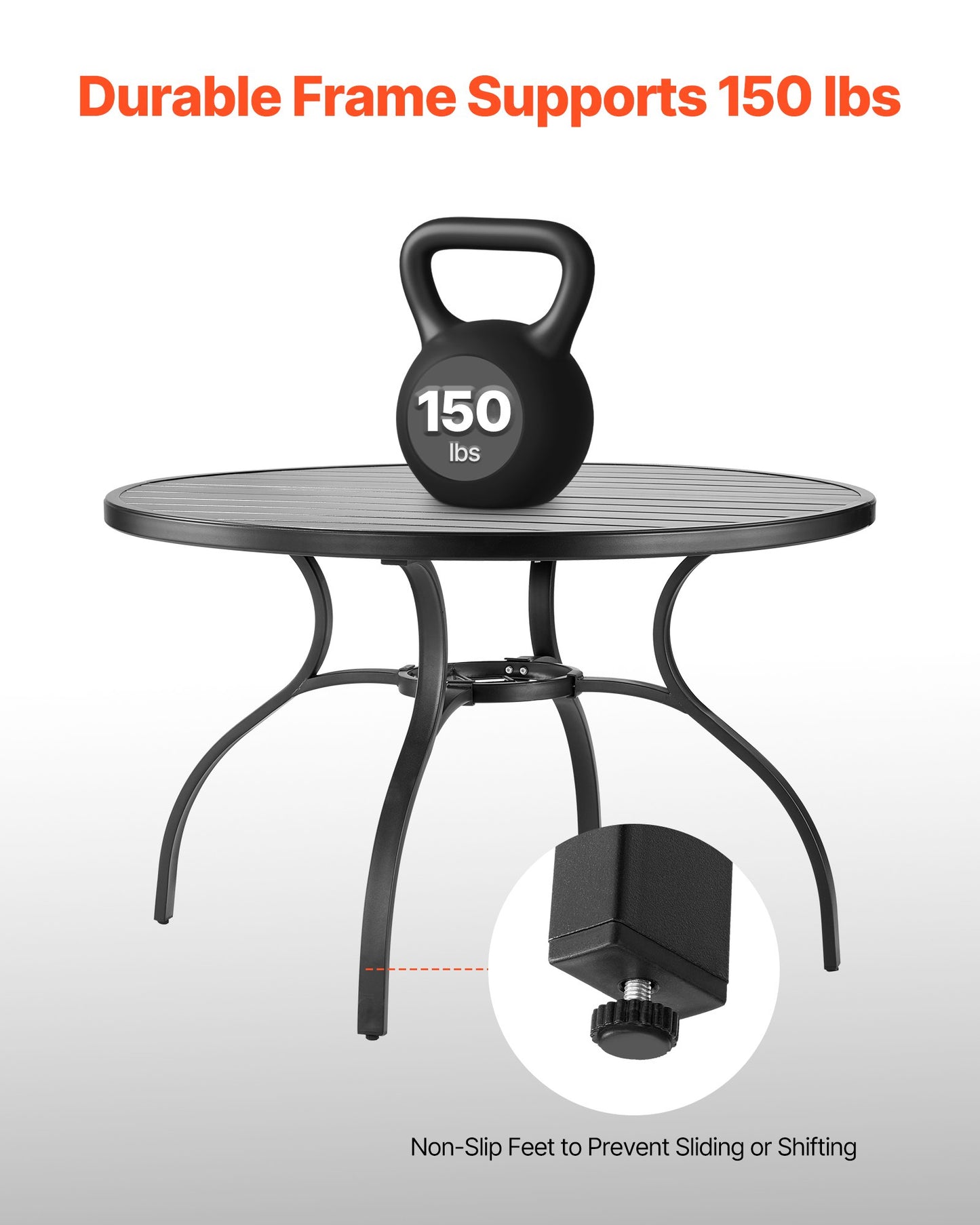 Outdoor Patio Dining Table, 47 inch Round Metal Steel Slat Backyard Bistro Tables, with 1.5 in Umbrella Hole, Outside All-Weather Large Furniture for Lawn Garden Porch, Black