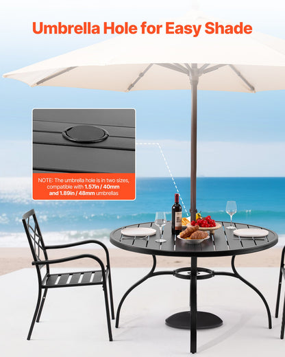 Outdoor Patio Dining Table, 47 inch Round Metal Steel Slat Backyard Bistro Tables, with 1.5 in Umbrella Hole, Outside All-Weather Large Furniture for Lawn Garden Porch, Black