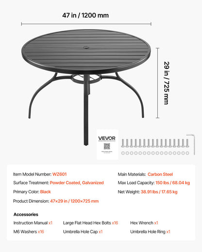 Outdoor Patio Dining Table, 47 inch Round Metal Steel Slat Backyard Bistro Tables, with 1.5 in Umbrella Hole, Outside All-Weather Large Furniture for Lawn Garden Porch, Black